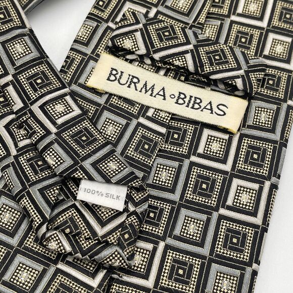 BURMA BIBAS 100% Silk Neck Tie 61" Long 4" Wide Metallic Geometric Print Grey - Picture 3 of 3